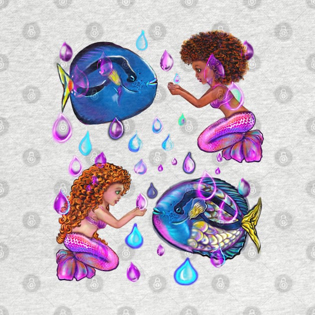 Best fishing gifts for fish lovers 2022. anime mermaid with blue tang fish and rain drops. Cute black  and white girls with Afro hair, green eyes, Cherry pink lips and dark brown skin. Hair love ! by Artonmytee